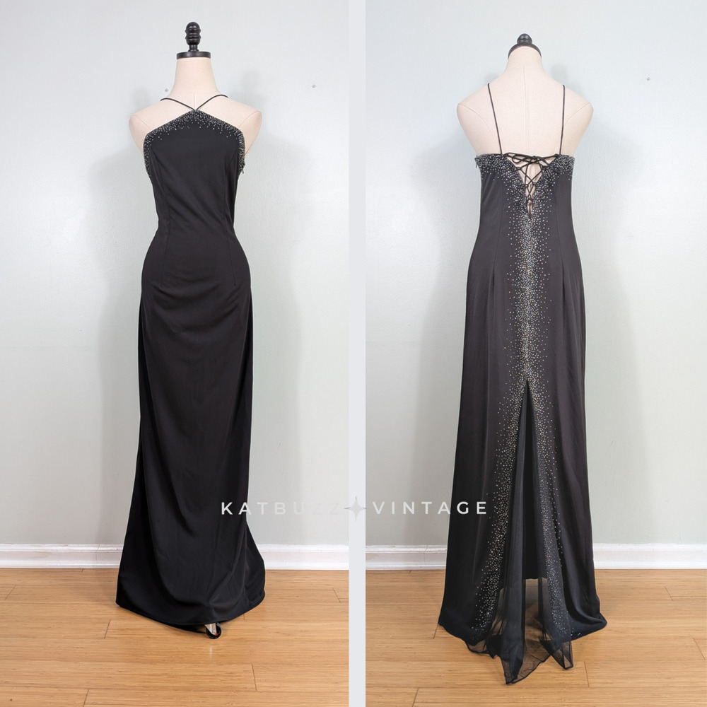 Vintage Dave Johnny Prom Dress Maxi Gown 8 Black Corset Goth 90s Y2K Glam Mesh